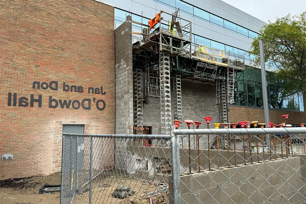 An image of the entrance to O'Dowd Hall under construction