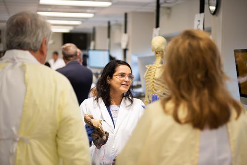 An image of Dr. Tarankanti in the OUWB anatomy lab